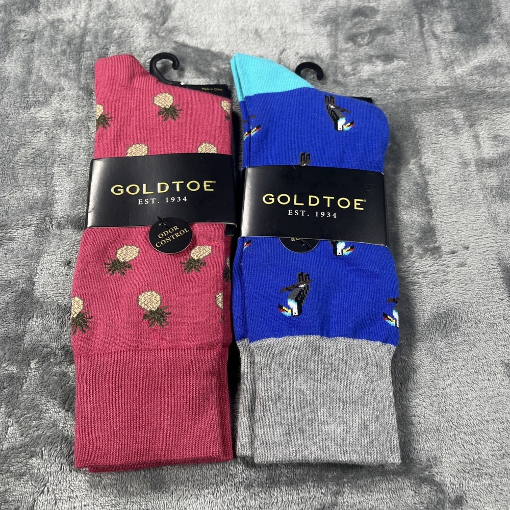 GOLDTOE Mens Crew Socks 2 Pair 6-12.5 Toucan‎ Pineapple Express Odor Control NEW